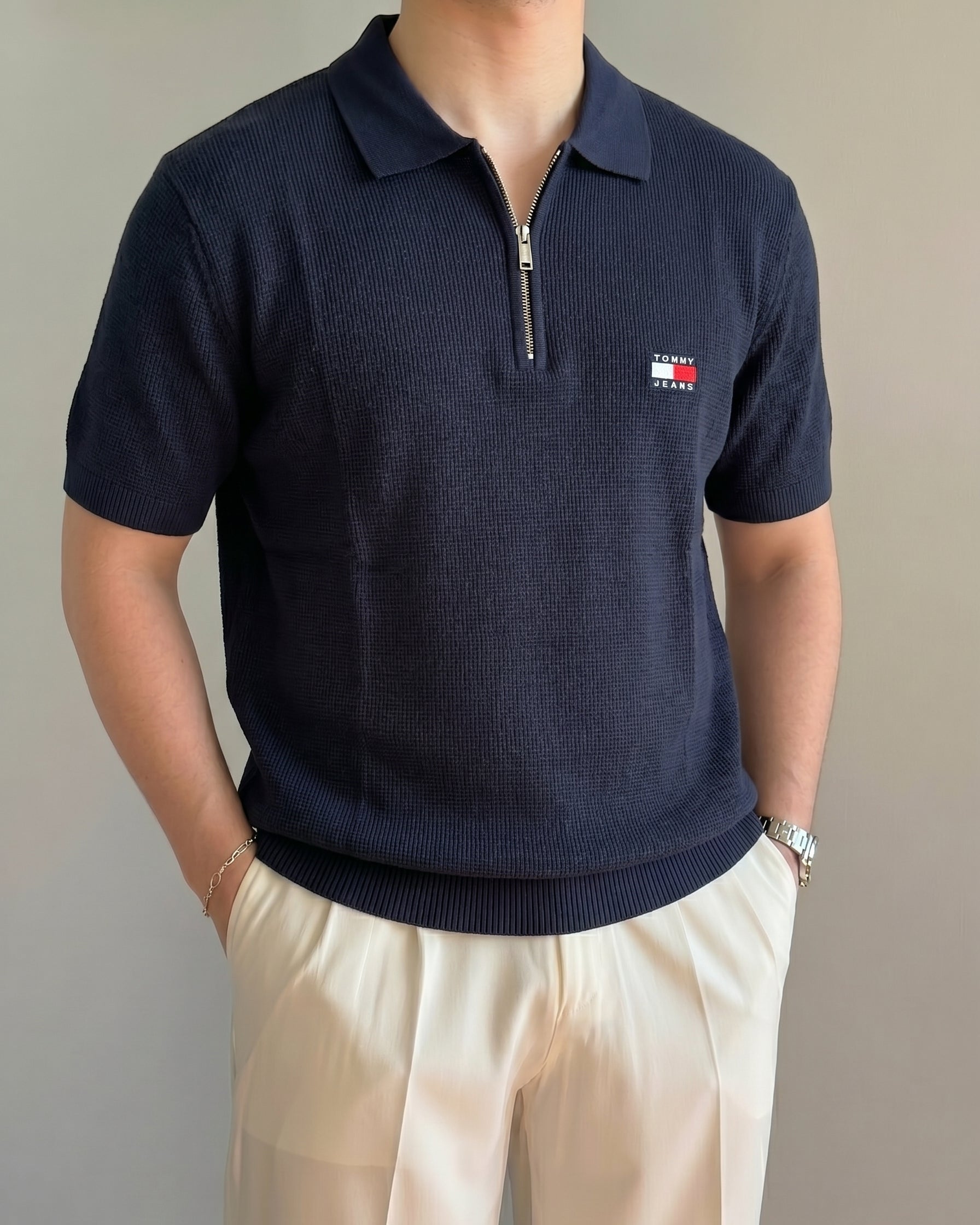 Tommy Hilfiger Lacivert Petekli Triko Döküm Yakalı