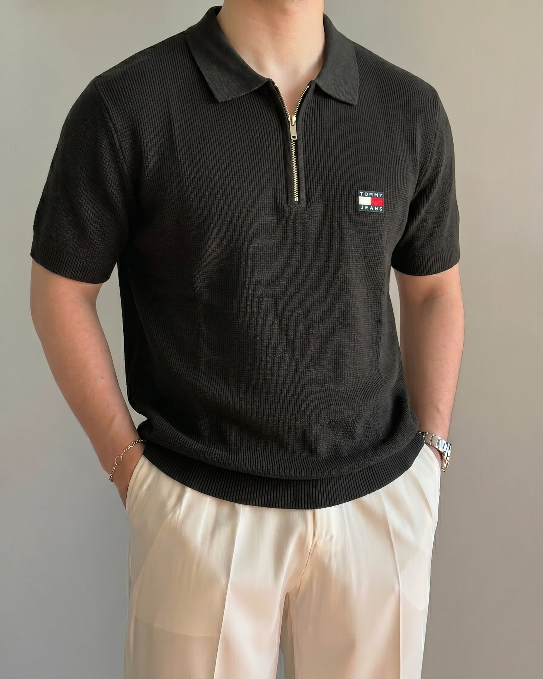 Tommy Hilfiger Siyah Petekli Triko Döküm Yakalı