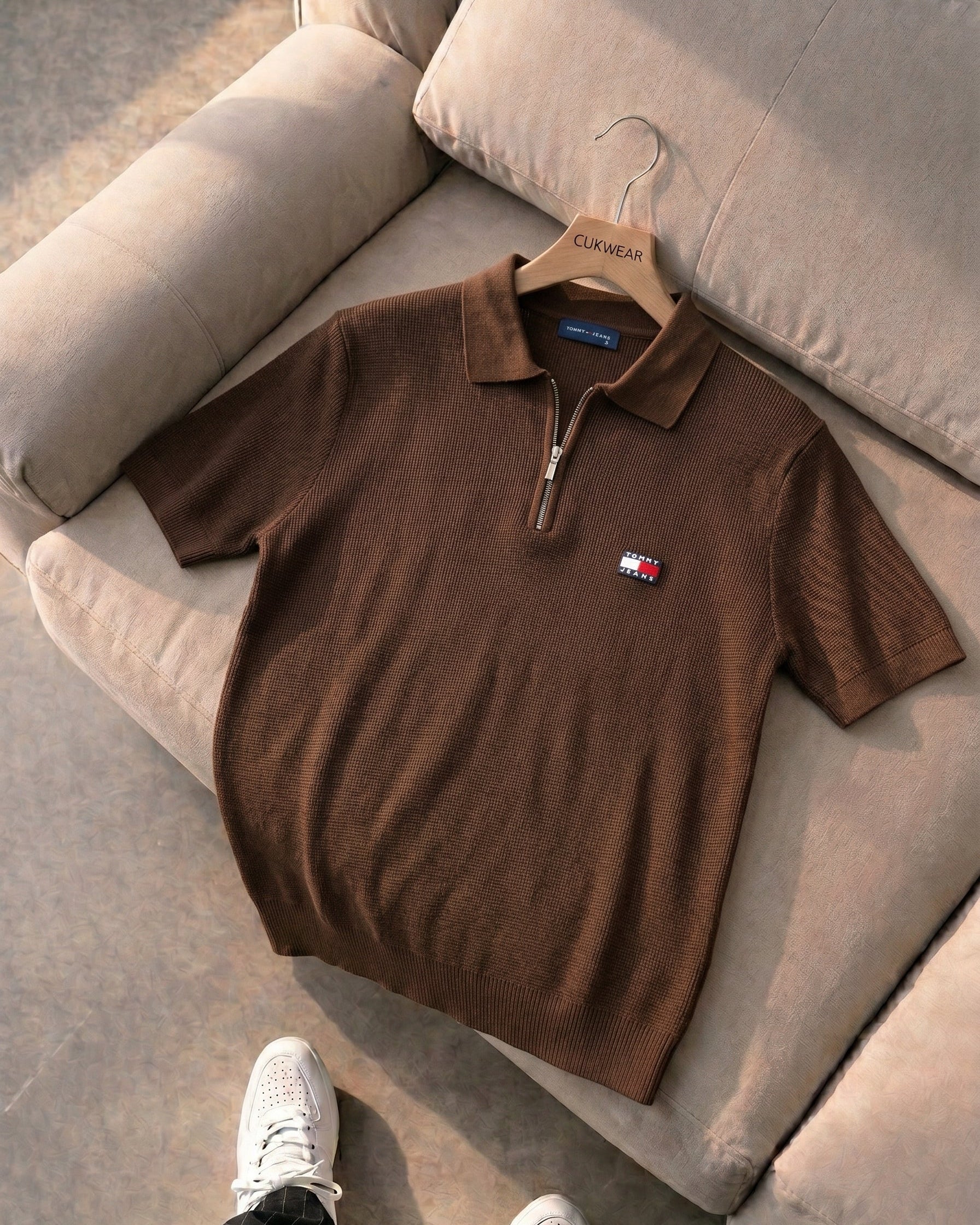 Tommy Hilfiger Kahve Petekli Triko Döküm Yakalı