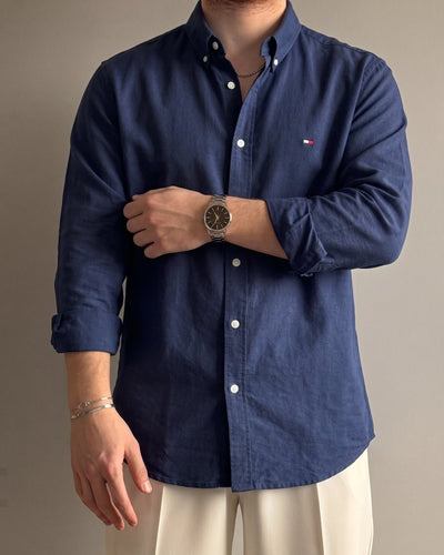 Tommy Hilfiger Lacivert Yazlık Keten Gömlek