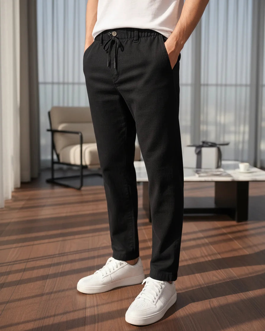 Keten Pantolon Siyah Yazlık Esnek Kumaş Bağcıklı