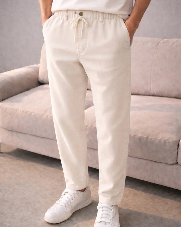 Keten Pantolon Ekru Yazlık Esnek Kumaş Bağcıklı