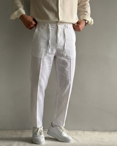 Luxury Regular Kalıp İpli Beyaz Keten Pantolon
