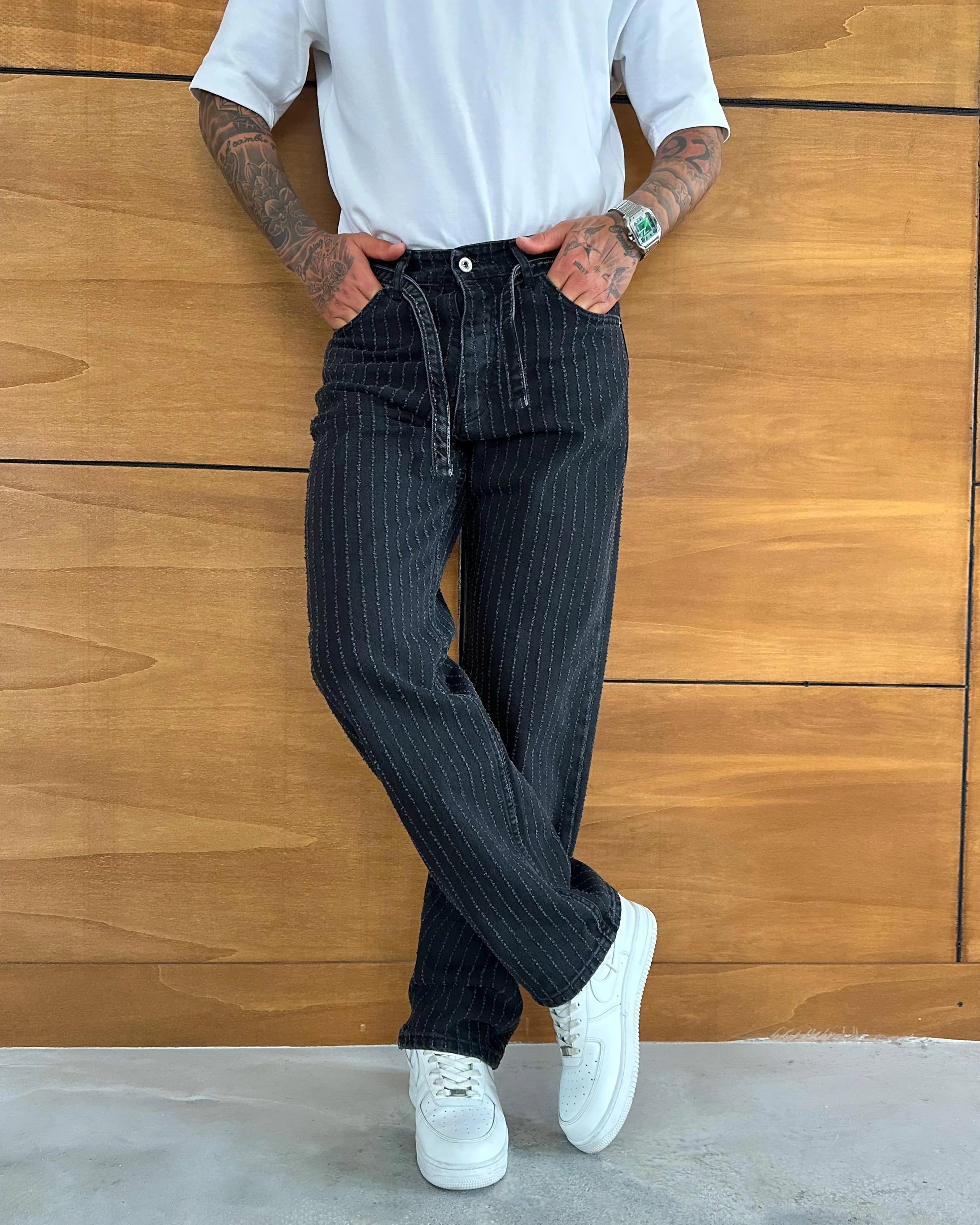 Kemer Detaylı Siyah Çizgi Baggy Pantolon