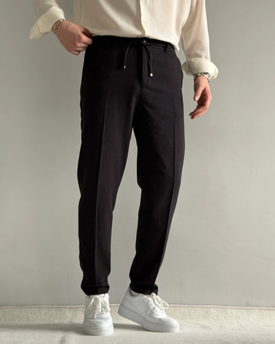 Luxury Regular Kalıp İpli Siyah Keten Pantolon