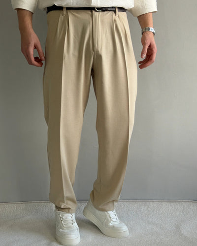 Baggy Kalıp Beli Lastikli Pileli Bej Kumaş Pantolon