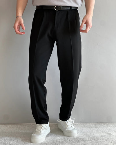 Baggy Kalıp Beli Lastikli Pileli Siyah Kumaş Pantolon