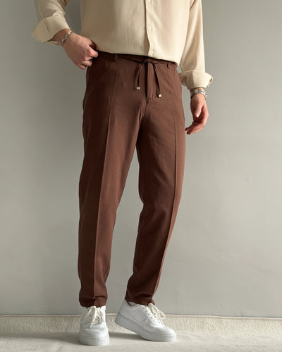Luxury Regular Kalıp İpli Kahve Keten Pantolon